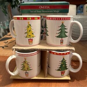 Oneida Christmas Jubilee Holiday Trees Box Set 4  Stonewear Cups Mugs